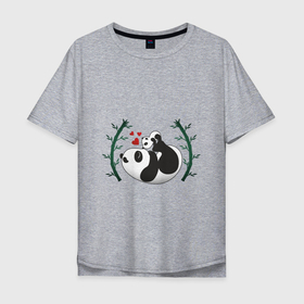 Мужская футболка хлопок Oversize с принтом Мама панда с малышом в Петрозаводске, 100% хлопок | свободный крой, круглый ворот, “спинка” длиннее передней части | Тематика изображения на принте: baby | mom | panda | бамбук | малыш | мама | панда | ребенок