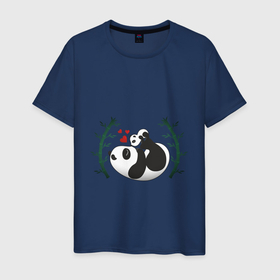 Мужская футболка хлопок с принтом Мама панда с малышом в Белгороде, 100% хлопок | прямой крой, круглый вырез горловины, длина до линии бедер, слегка спущенное плечо. | Тематика изображения на принте: baby | mom | panda | бамбук | малыш | мама | панда | ребенок