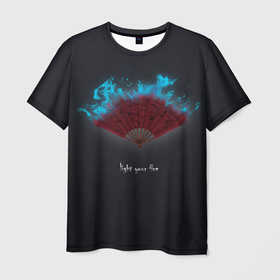 Мужская футболка 3D с принтом light your fire , 100% полиэфир | прямой крой, круглый вырез горловины, длина до линии бедер | Тематика изображения на принте: веер | зажги свой огонь | огонь | темный фон