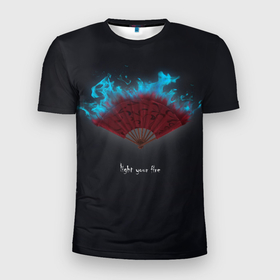 Мужская футболка 3D спортивная с принтом light your fire в Петрозаводске, 100% полиэстер с улучшенными характеристиками | приталенный силуэт, круглая горловина, широкие плечи, сужается к линии бедра | Тематика изображения на принте: веер | зажги свой огонь | огонь | темный фон