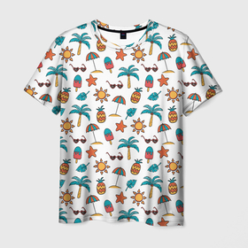 Мужская футболка 3D с принтом Летний паттерн в Екатеринбурге, 100% полиэфир | прямой крой, круглый вырез горловины, длина до линии бедер | summer | ананас | еда | лето | мороженное | пальма | тропический | узор | фрукт