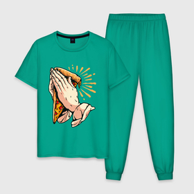 Мужская пижама хлопок с принтом Holy Pizza , 100% хлопок | брюки и футболка прямого кроя, без карманов, на брюках мягкая резинка на поясе и по низу штанин
 | Тематика изображения на принте: holy | pizza | пицца | руки | святая | хипстер