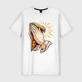Мужская футболка хлопок Slim с принтом Holy Pizza , 92% хлопок, 8% лайкра | приталенный силуэт, круглый вырез ворота, длина до линии бедра, короткий рукав | Тематика изображения на принте: holy | pizza | пицца | руки | святая | хипстер