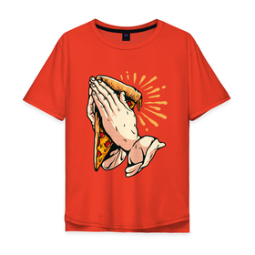 Мужская футболка хлопок Oversize с принтом Holy Pizza в Новосибирске, 100% хлопок | свободный крой, круглый ворот, “спинка” длиннее передней части | Тематика изображения на принте: holy | pizza | пицца | руки | святая | хипстер