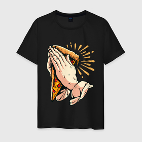 Мужская футболка хлопок с принтом Holy Pizza в Новосибирске, 100% хлопок | прямой крой, круглый вырез горловины, длина до линии бедер, слегка спущенное плечо. | holy | pizza | пицца | руки | святая | хипстер