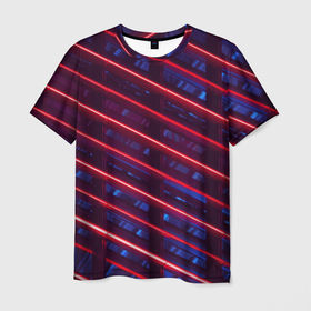 Мужская футболка 3D с принтом Неоновые полосы в Петрозаводске, 100% полиэфир | прямой крой, круглый вырез горловины, длина до линии бедер | в топе | в тренде | косые лучи | красные полосы | сине красные лучи | синие полосы | тёмный фон