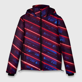 Мужская зимняя куртка 3D с принтом Неоновые полосы в Новосибирске, верх — 100% полиэстер; подкладка — 100% полиэстер; утеплитель — 100% полиэстер | длина ниже бедра, свободный силуэт Оверсайз. Есть воротник-стойка, отстегивающийся капюшон и ветрозащитная планка. 

Боковые карманы с листочкой на кнопках и внутренний карман на молнии. | Тематика изображения на принте: в топе | в тренде | косые лучи | красные полосы | сине красные лучи | синие полосы | тёмный фон