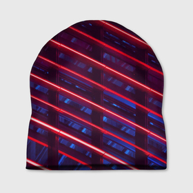 Шапка 3D с принтом Неоновые полосы в Белгороде, 100% полиэстер | универсальный размер, печать по всей поверхности изделия | в топе | в тренде | косые лучи | красные полосы | сине красные лучи | синие полосы | тёмный фон