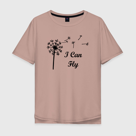 Мужская футболка хлопок Oversize с принтом I Can Fly в Новосибирске, 100% хлопок | свободный крой, круглый ворот, “спинка” длиннее передней части | black and white | dandelion | flower | fly | girls | i believe | i can fly | minimalism | английские надписи | девушкам | летать | лето | мечта | минимализм | мысли | небеса | одуванчик | пух | растения | слова | текст | фраза | цветок | цит