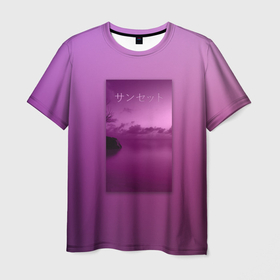 Мужская футболка 3D с принтом Аметистовый закат , 100% полиэфир | прямой крой, круглый вырез горловины, длина до линии бедер | аметистовый | берег | закат | иероглифы | море | пурпурный | спокойный | япония