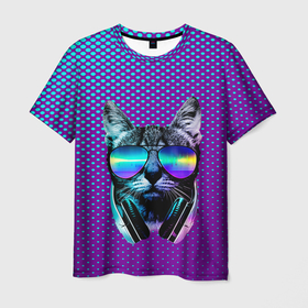 Мужская футболка 3D с принтом Кот очки наушники модный в Екатеринбурге, 100% полиэфир | прямой крой, круглый вырез горловины, длина до линии бедер | градиент | диджей | кот | котик | котофан | котофей | котэ | кошка | модный | музыкант | наушники | очки | стильный | фиолетовый