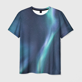 Мужская футболка 3D с принтом Северное Сияние в Санкт-Петербурге, 100% полиэфир | прямой крой, круглый вырез горловины, длина до линии бедер | Тематика изображения на принте: звёздное небо | зелёный | северное небо. | синий | фиолетовый