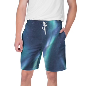 Мужские шорты 3D с принтом Северное Сияние в Тюмени,  полиэстер 100% | прямой крой, два кармана без застежек по бокам. Мягкая трикотажная резинка на поясе, внутри которой широкие завязки. Длина чуть выше колен | звёздное небо | зелёный | северное небо. | синий | фиолетовый