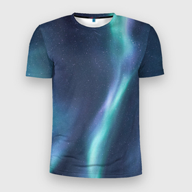 Мужская футболка 3D спортивная с принтом Северное Сияние в Петрозаводске, 100% полиэстер с улучшенными характеристиками | приталенный силуэт, круглая горловина, широкие плечи, сужается к линии бедра | Тематика изображения на принте: звёздное небо | зелёный | северное небо. | синий | фиолетовый