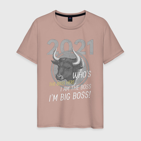 Мужская футболка хлопок с принтом Bull Big Boss в Санкт-Петербурге, 100% хлопок | прямой крой, круглый вырез горловины, длина до линии бедер, слегка спущенное плечо. | Тематика изображения на принте: a gift for good luck | bull big boss | бык большой босс