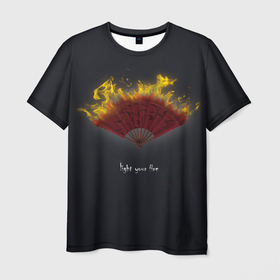 Мужская футболка 3D с принтом Light your fire , 100% полиэфир | прямой крой, круглый вырез горловины, длина до линии бедер | Тематика изображения на принте: веер | желтый | зажги свой огонь | огонь | темный фон