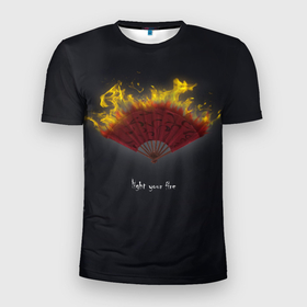 Мужская футболка 3D спортивная с принтом Light your fire , 100% полиэстер с улучшенными характеристиками | приталенный силуэт, круглая горловина, широкие плечи, сужается к линии бедра | Тематика изображения на принте: веер | желтый | зажги свой огонь | огонь | темный фон
