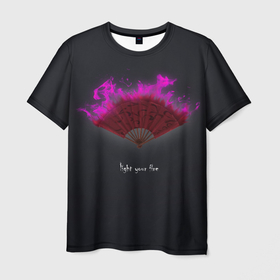 Мужская футболка 3D с принтом Light your fire в Кировске, 100% полиэфир | прямой крой, круглый вырез горловины, длина до линии бедер | light your fire | огонь | темный фон | фиолетовое пламя
