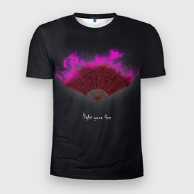 Мужская футболка 3D спортивная с принтом Light your fire в Курске, 100% полиэстер с улучшенными характеристиками | приталенный силуэт, круглая горловина, широкие плечи, сужается к линии бедра | light your fire | огонь | темный фон | фиолетовое пламя