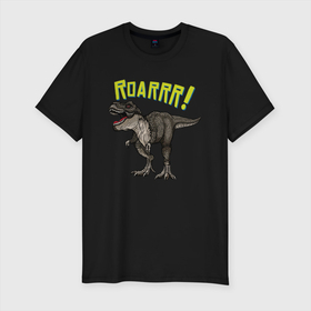 Мужская футболка хлопок Slim с принтом Динозавр T-rex в Тюмени, 92% хлопок, 8% лайкра | приталенный силуэт, круглый вырез ворота, длина до линии бедра, короткий рукав | Тематика изображения на принте: dino | t rex | дино | динозавр | животное | зверь | тирекс | хещник