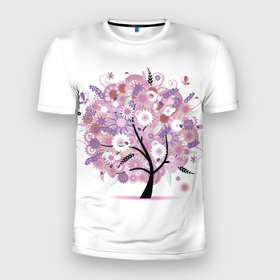 Мужская футболка 3D Slim с принтом Цветочное Дерево в Новосибирске, 100% полиэстер с улучшенными характеристиками | приталенный силуэт, круглая горловина, широкие плечи, сужается к линии бедра | дерево | листья | минимализм | природа | цветочное дерево | цветы