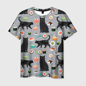 Мужская футболка 3D с принтом Котики и Суши в Новосибирске, 100% полиэфир | прямой крой, круглый вырез горловины, длина до линии бедер | cat | cats | cosmos | kitten | mem | memes | rose | roses | глаза | глазки | еда | киска | космос | кот | котёнок | котик | котики | котэ | котята | кошак | кошка | кошки | красивая | мем | мемчики | милая | прикольная | розы | рол