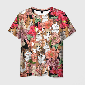 Мужская футболка 3D с принтом Корги & Цветы , 100% полиэфир | прямой крой, круглый вырез горловины, длина до линии бедер | глаза | животное | корги | королевский | красавчик | лапы | любовь | няшка | ошейник | пес | роза | розы | сердце | собака | собаки | счастье | уши | цветочки | цветы