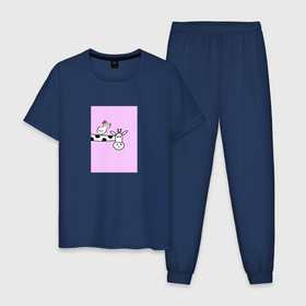 Мужская пижама хлопок с принтом Жираф и курица в Новосибирске, 100% хлопок | брюки и футболка прямого кроя, без карманов, на брюках мягкая резинка на поясе и по низу штанин
 | Тематика изображения на принте: животыне | жираф | курица | минимализм | птица | смешной