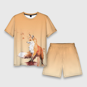 Мужской костюм с шортами 3D с принтом акварельная лиса  задумчивости в Курске,  |  | fox | акварель | акварельный | брызги | градиент | думы | зверек | краска | лис | лиса | лисенок | лисичка | листики | листья | мысли | обрыв | оранжевый | осень | потеки | рисунок | смотрит вдаль