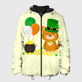 Мужская куртка 3D с принтом Ирландский Кот , ткань верха — 100% полиэстер, подклад — флис | прямой крой, подол и капюшон оформлены резинкой с фиксаторами, два кармана без застежек по бокам, один большой потайной карман на груди. Карман на груди застегивается на липучку | Тематика изображения на принте: день святого патрика | ирландия | ирландский | ирландский клевер | ирландский кот | клевер | кот | патрик | с котом | святой патрик