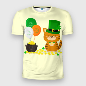 Мужская футболка 3D спортивная с принтом Ирландский Кот в Курске, 100% полиэстер с улучшенными характеристиками | приталенный силуэт, круглая горловина, широкие плечи, сужается к линии бедра | день святого патрика | ирландия | ирландский | ирландский клевер | ирландский кот | клевер | кот | патрик | с котом | святой патрик