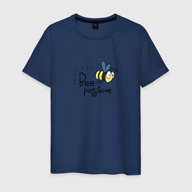 Мужская футболка хлопок с принтом Bee Positive / Будь позитивным в Екатеринбурге, 100% хлопок | прямой крой, круглый вырез горловины, длина до линии бедер, слегка спущенное плечо. | bee positive | будь позитивным | веселье | насекомое | оса | прикольная надпись | пчела | радость