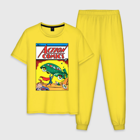 Мужская пижама хлопок с принтом Супермен Action Comics #1 , 100% хлопок | брюки и футболка прямого кроя, без карманов, на брюках мягкая резинка на поясе и по низу штанин
 | Тематика изображения на принте: superman | vdzabma | супермен
