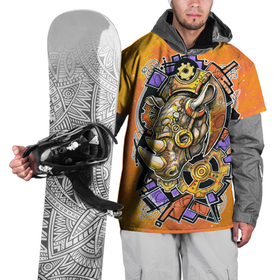 Накидка на куртку 3D с принтом Стимпанк Носорог - Rhino , 100% полиэстер |  | графика | граффити | кляксы | механика | носорог | оранжевый | от руки | рисунок | скетч | стимпанк | шестерёнки | шестерни | яркий