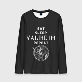 Мужской лонгслив 3D с принтом Eat Sleep Valheim Repeat в Тюмени, 100% полиэстер | длинные рукава, круглый вырез горловины, полуприлегающий силуэт | elder | loki | odin | the | thor | valheim | биврёст | валхейм | вальхейм | викинги | всеотец | дракар | древний | древо | ётун | йотун | локи | мира | один | тор | фенир | хель | черный лес | эйктюр
