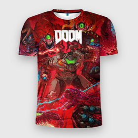 Мужская футболка 3D Slim с принтом Doom | Палач Рока в Новосибирске, 100% полиэстер с улучшенными характеристиками | приталенный силуэт, круглая горловина, широкие плечи, сужается к линии бедра | doom | doom slayer | doomguy | hell walker | the doom slayer | дум | думгай | палач рока
