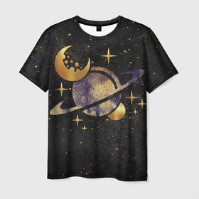 Мужская футболка 3D с принтом Сатурн луна спутник и звезды в Тюмени, 100% полиэфир | прямой крой, круглый вырез горловины, длина до линии бедер | astronaut | cosmonaut | cosmos | earth | galaxy | moon | nasa | planet | saturn | space | star | universe | астрология | астронавт | вселенная | галактика | звезда | земля | компенсаторика | космонавт | космос | луна | марс | наса | нло | планета