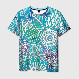 Мужская футболка 3D с принтом цветочный узор в Кировске, 100% полиэфир | прямой крой, круглый вырез горловины, длина до линии бедер | Тематика изображения на принте: белый | бирюзовый | градиент | дудлинг | зеленый | рисунок | синий | узор | цветочный | цветы