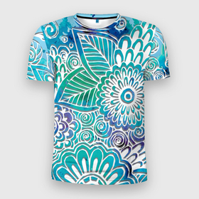 Мужская футболка 3D спортивная с принтом цветочный узор в Новосибирске, 100% полиэстер с улучшенными характеристиками | приталенный силуэт, круглая горловина, широкие плечи, сужается к линии бедра | белый | бирюзовый | градиент | дудлинг | зеленый | рисунок | синий | узор | цветочный | цветы