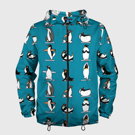 Мужская ветровка 3D с принтом Пингвина на заярдке в Курске, 100% полиэстер | подол и капюшон оформлены резинкой с фиксаторами, два кармана без застежек по бокам, один потайной карман на груди | голубая | день валентина | день святого | день святого валентина | зарядка | качки | пингвин | пингвины | прикольная | птица | птицы | физкультура | физра