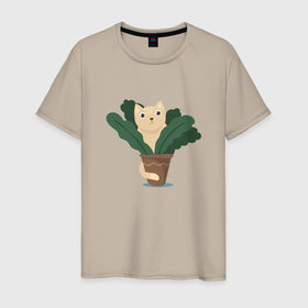 Мужская футболка хлопок с принтом Кот в горшке в Тюмени, 100% хлопок | прямой крой, круглый вырез горловины, длина до линии бедер, слегка спущенное плечо. | cat | киса | кот | кот в горшке | коты | кошка | фикус | цветы