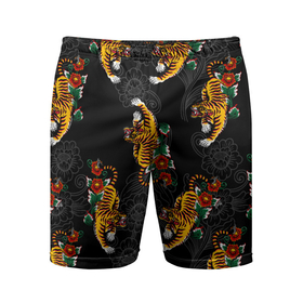 Мужские шорты спортивные с принтом Японский стиль - тигры в Белгороде,  |  | арт | животные | облака | огонь | пламя | рисунок | стиль | тигр | японский