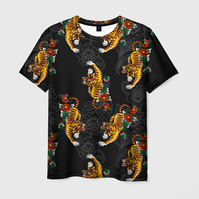 Мужская футболка 3D с принтом Японский стиль   тигры , 100% полиэфир | прямой крой, круглый вырез горловины, длина до линии бедер | арт | животные | облака | огонь | пламя | рисунок | стиль | тигр | японский