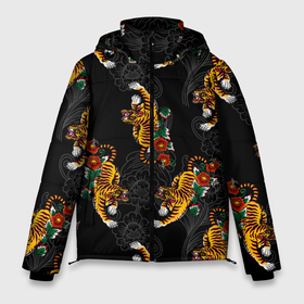 Мужская зимняя куртка 3D с принтом Японский стиль   тигры в Новосибирске, верх — 100% полиэстер; подкладка — 100% полиэстер; утеплитель — 100% полиэстер | длина ниже бедра, свободный силуэт Оверсайз. Есть воротник-стойка, отстегивающийся капюшон и ветрозащитная планка. 

Боковые карманы с листочкой на кнопках и внутренний карман на молнии. | арт | животные | облака | огонь | пламя | рисунок | стиль | тигр | японский