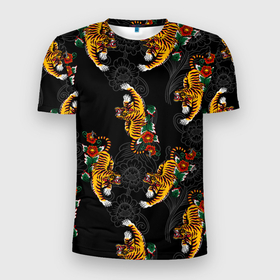 Мужская футболка 3D Slim с принтом Японский стиль   тигры , 100% полиэстер с улучшенными характеристиками | приталенный силуэт, круглая горловина, широкие плечи, сужается к линии бедра | арт | животные | облака | огонь | пламя | рисунок | стиль | тигр | японский