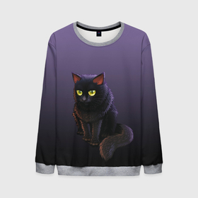 Мужской свитшот 3D с принтом черный кот на фиолетовом в Санкт-Петербурге, 100% полиэстер с мягким внутренним слоем | круглый вырез горловины, мягкая резинка на манжетах и поясе, свободная посадка по фигуре | cat | kitten | большие глаза | глазища | градиент | дьявол | кот | котейка | котик | кошка | мрачный | мяу | персонаж | рисунок | фиолетовый | черный | шерсть