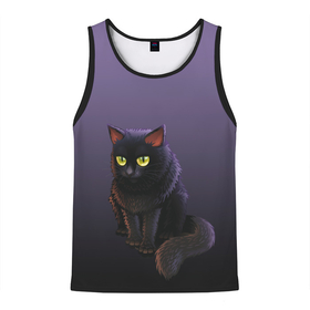 Мужская майка 3D с принтом черный кот на фиолетовом в Новосибирске, 100% полиэстер | круглая горловина, приталенный силуэт, длина до линии бедра. Пройма и горловина окантованы тонкой бейкой | cat | kitten | большие глаза | глазища | градиент | дьявол | кот | котейка | котик | кошка | мрачный | мяу | персонаж | рисунок | фиолетовый | черный | шерсть