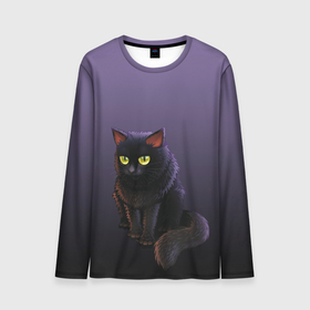 Мужской лонгслив 3D с принтом черный кот на фиолетовом в Кировске, 100% полиэстер | длинные рукава, круглый вырез горловины, полуприлегающий силуэт | cat | kitten | большие глаза | глазища | градиент | дьявол | кот | котейка | котик | кошка | мрачный | мяу | персонаж | рисунок | фиолетовый | черный | шерсть