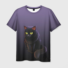 Мужская футболка 3D с принтом черный кот на фиолетовом в Кировске, 100% полиэфир | прямой крой, круглый вырез горловины, длина до линии бедер | cat | kitten | большие глаза | глазища | градиент | дьявол | кот | котейка | котик | кошка | мрачный | мяу | персонаж | рисунок | фиолетовый | черный | шерсть
