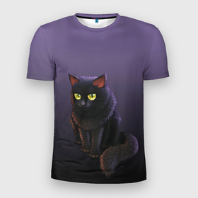 Мужская футболка 3D Slim с принтом черный кот на фиолетовом в Петрозаводске, 100% полиэстер с улучшенными характеристиками | приталенный силуэт, круглая горловина, широкие плечи, сужается к линии бедра | cat | kitten | большие глаза | глазища | градиент | дьявол | кот | котейка | котик | кошка | мрачный | мяу | персонаж | рисунок | фиолетовый | черный | шерсть